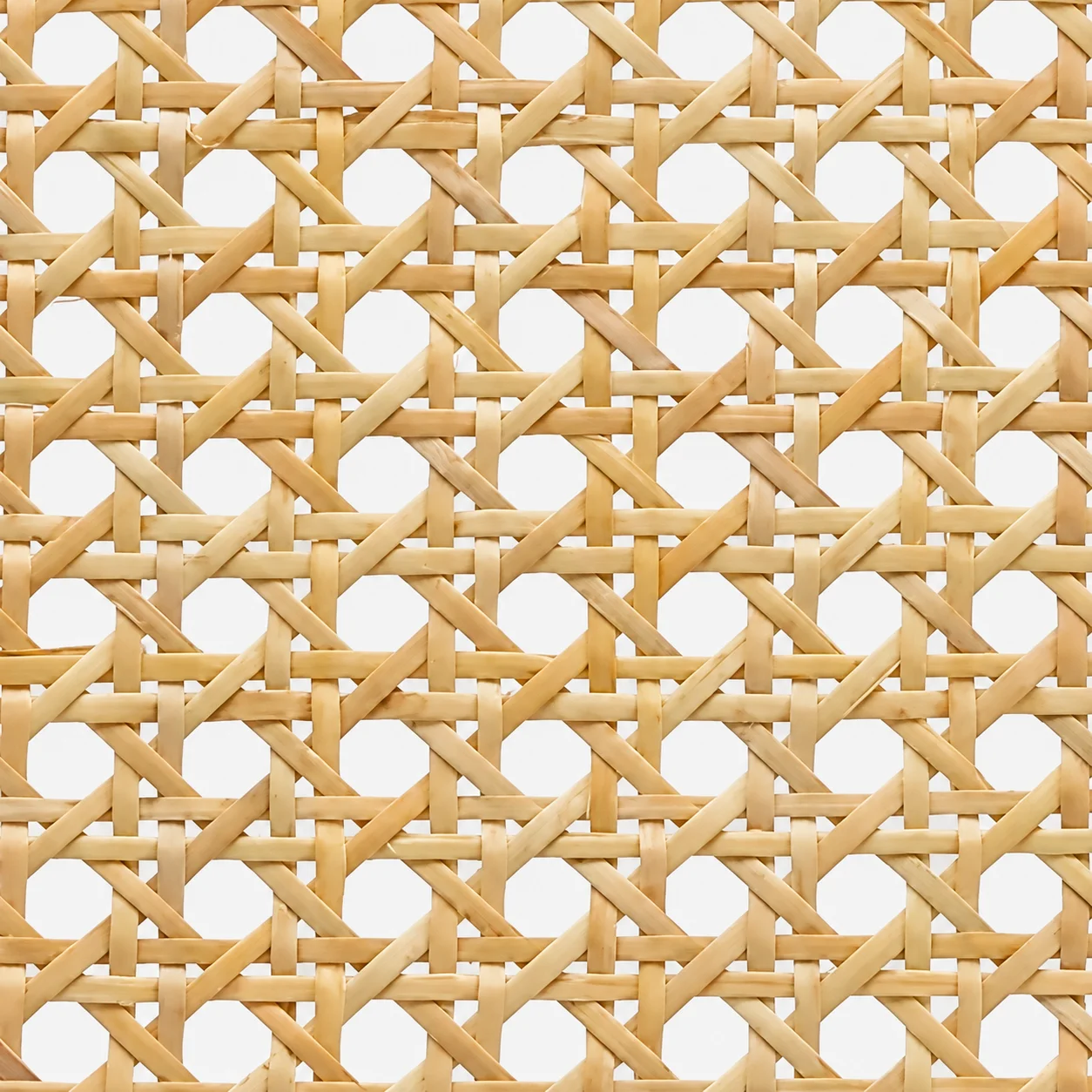 Front view of octagonal cane weave, with crossing strips and eight-sided openings.